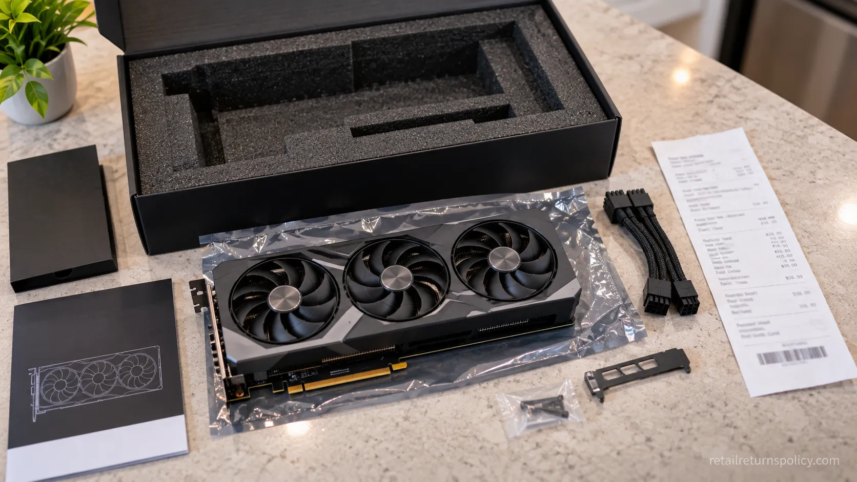 Open-box graphics card and receipt for a no-fee Micro Center return