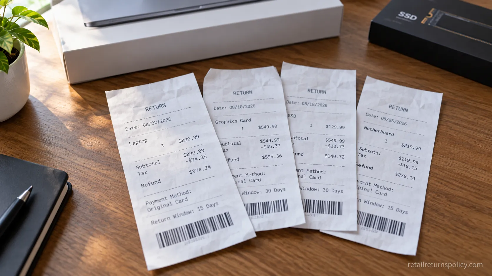 Dated Micro Center return receipts showing 15-day and 30-day windows.