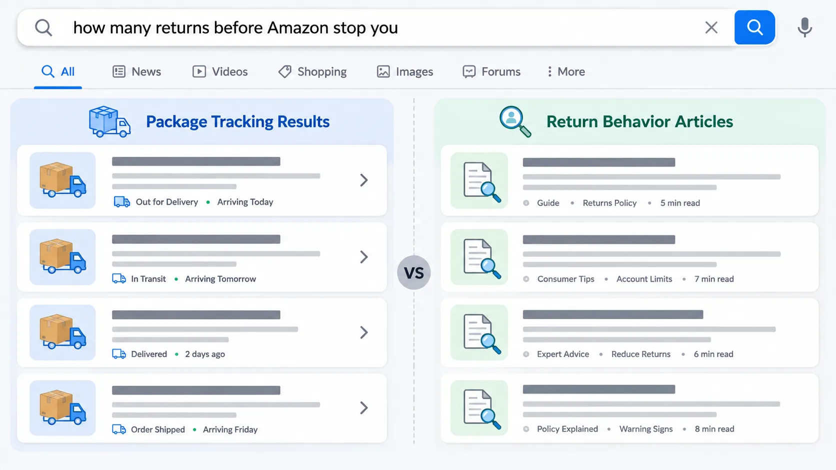 Mock search results page showing two side-by-side result groups: generic package tracking listings on the left and return behavior articles on the right, illustrating dual search intent.