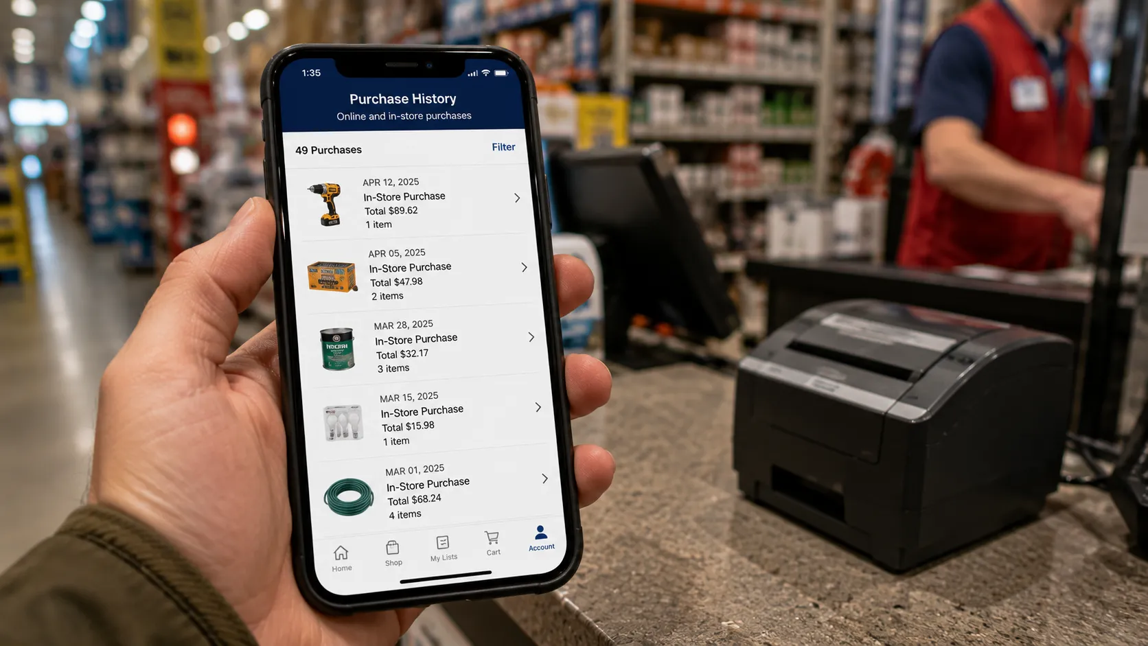 Smartphone app showing purchase history used for a receipt-free return at a hardware store.