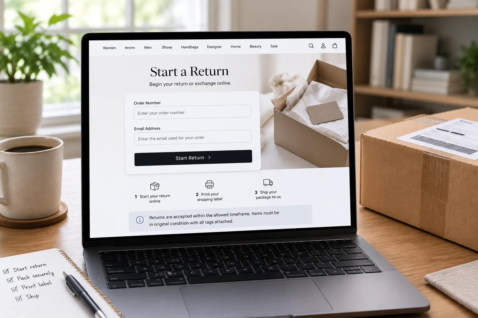 Laptop showing an online returns portal start screen for a mailed Neiman Marcus return.