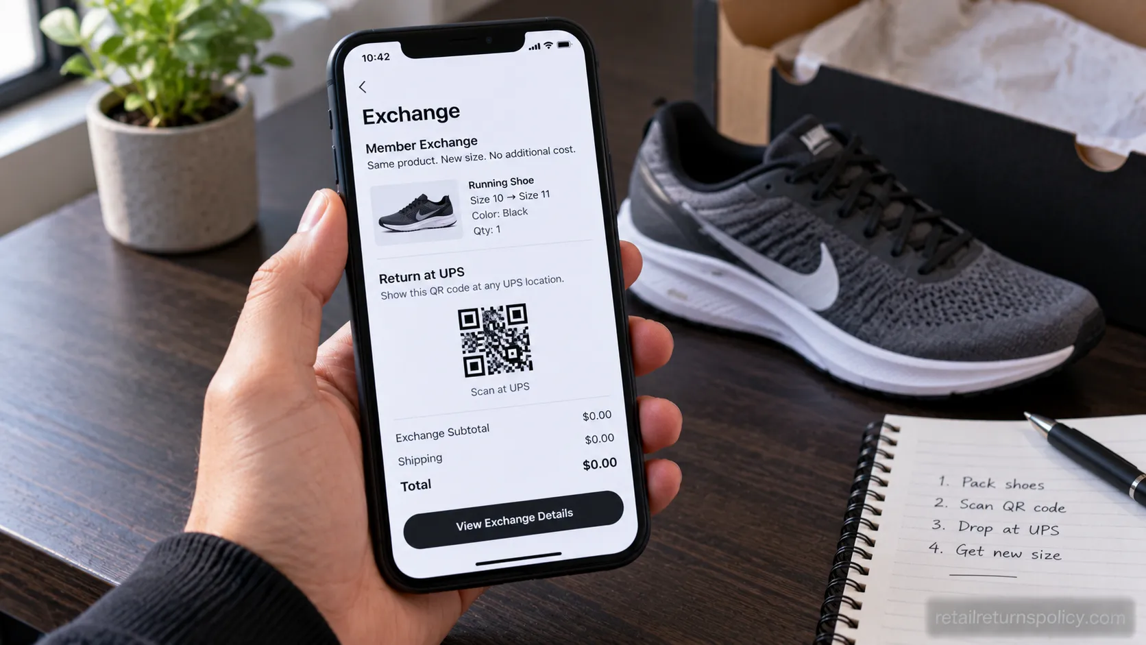A phone showing a Nike app exchange screen with a QR code and a free member swap.