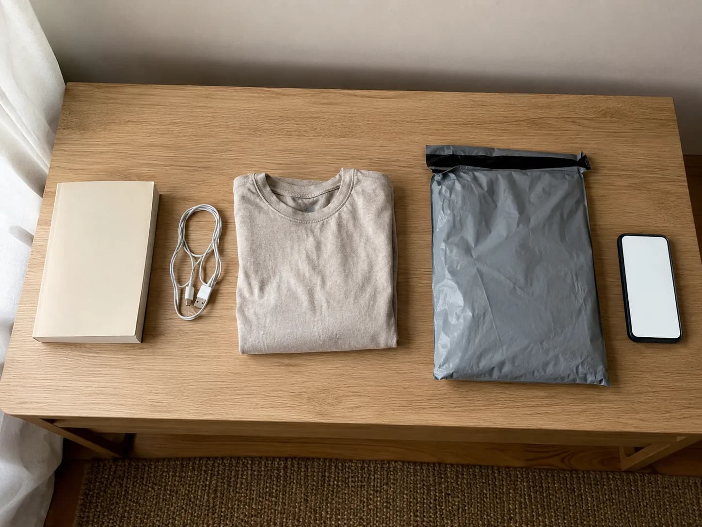 Overhead view of a paperback book, white USB cable, folded T-shirt, gray poly mailer, and smartphone on a light oak table, illustrating returns shipped in original mailers.