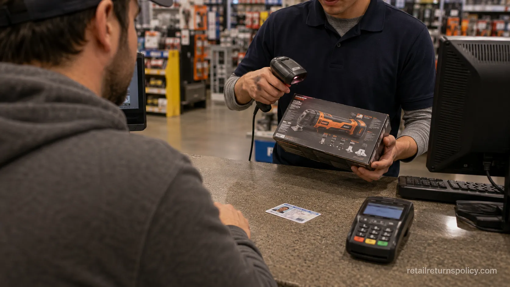 Customer service desk processing a hardware return without a receipt