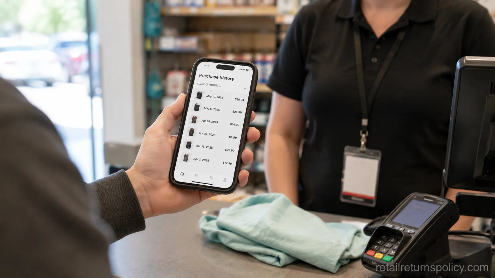 Shopper showing a loyalty app purchase history for a no-receipt return at the counter.