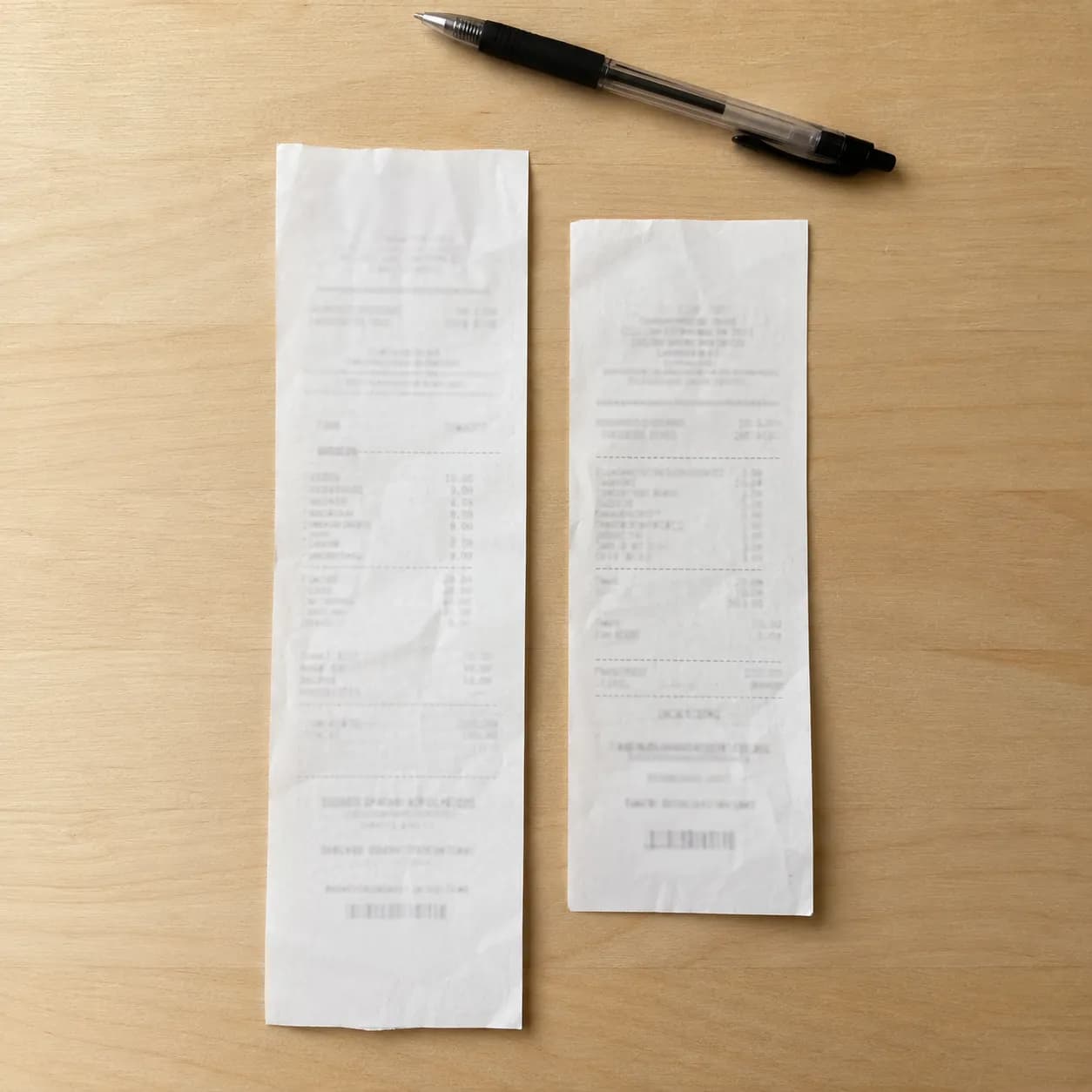 Two generic retail receipts placed side by side on a pale birch wood surface with a ballpoint pen above them, illustrating a November 12 purchase receipt and a February 4 return accepted .
