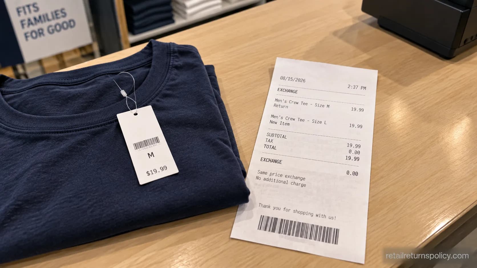 Old Navy exchange receipt showing a free even size swap at the store counter, 2026.