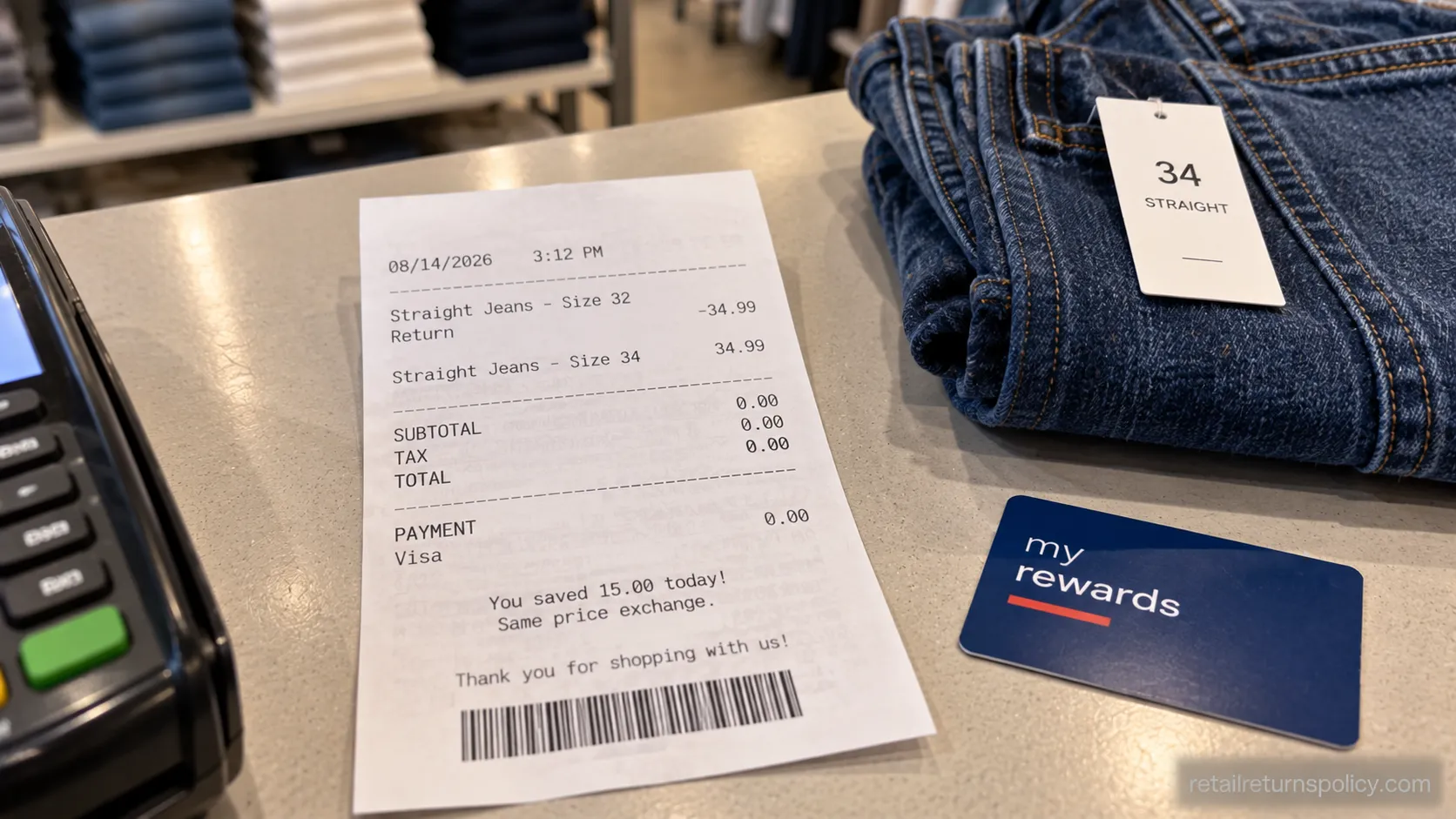 Old Navy receipt showing the sale price held during an in-store size swap, 2026.