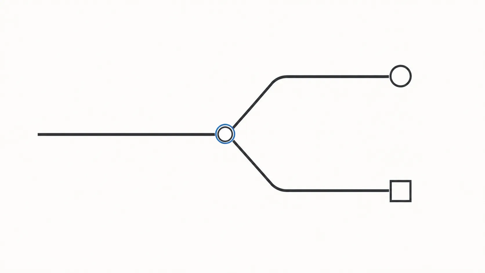 Minimal editorial flow diagram showing one policy path splitting into two possible outcomes with a circle and square endpoint icons
