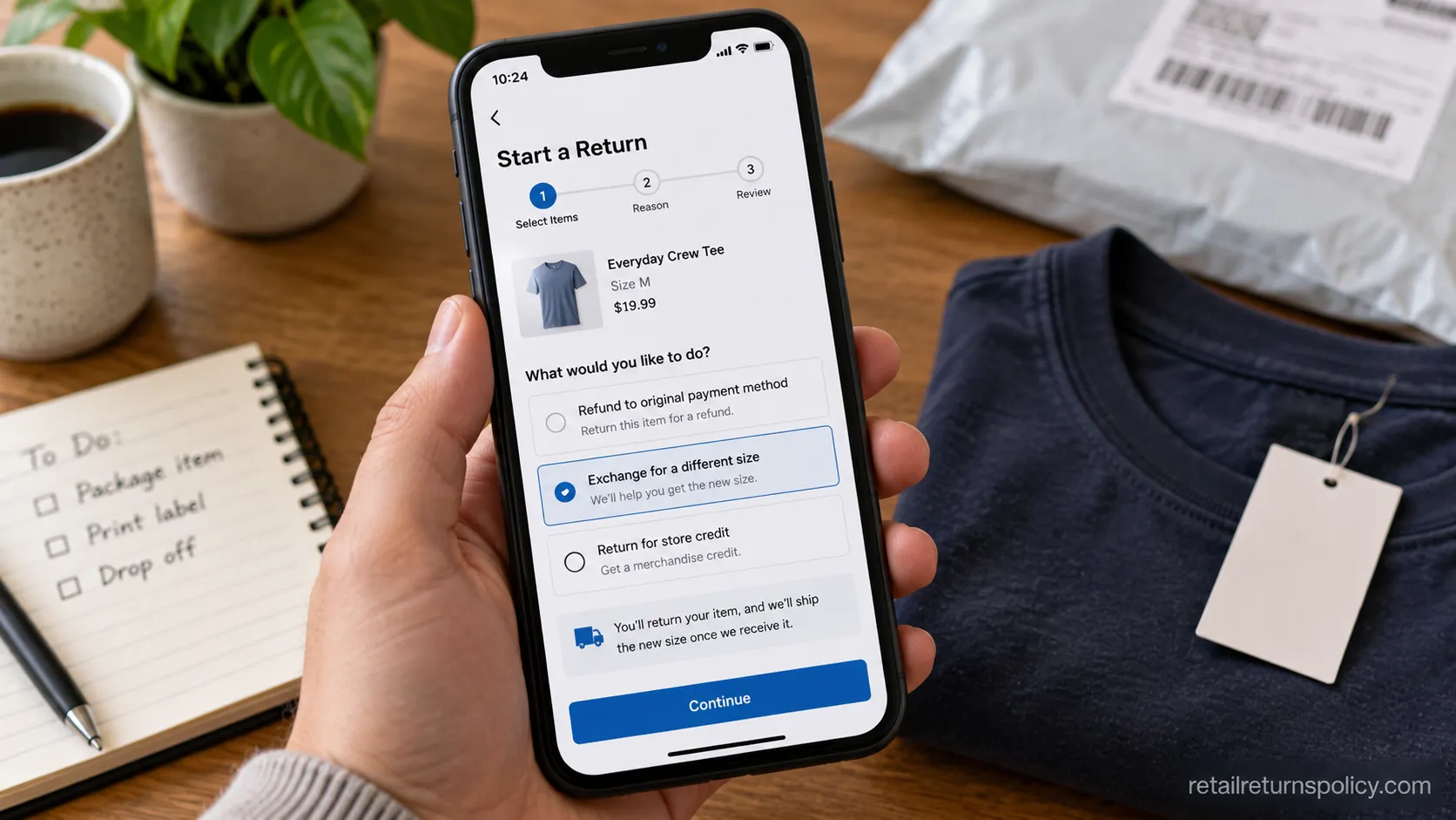 Phone showing an online clothing size-exchange flow instead of a direct even swap, 2026