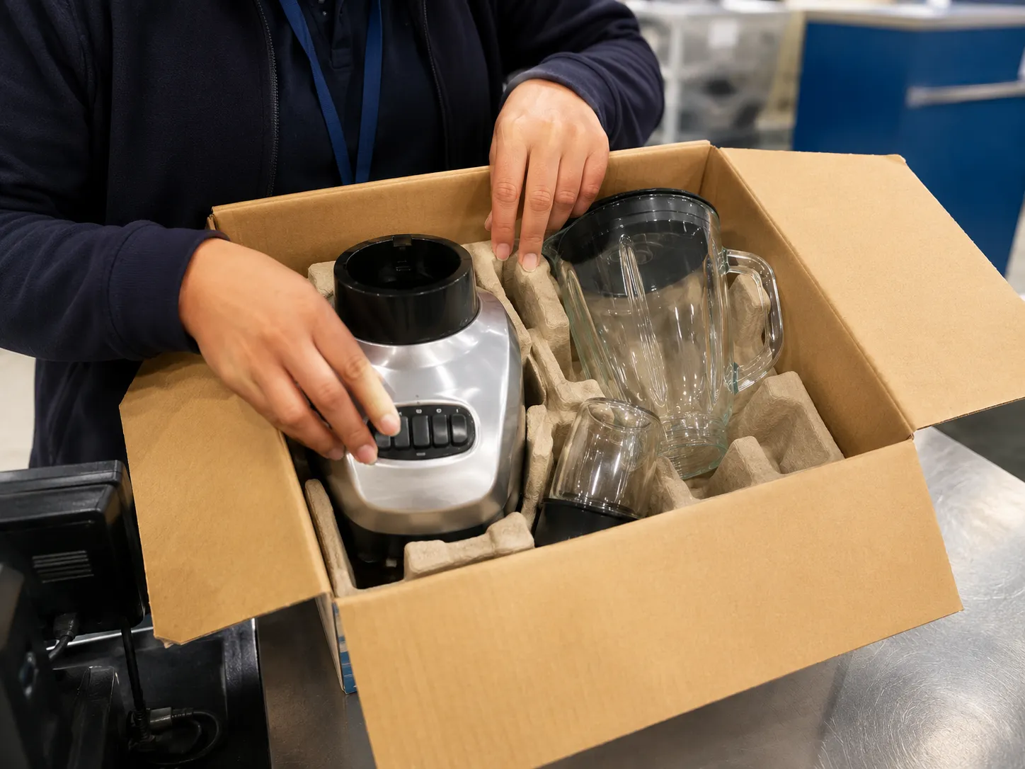 Opened blender box on a retail return counter with the blender base and accessories visible while an associate checks that all contents are included.