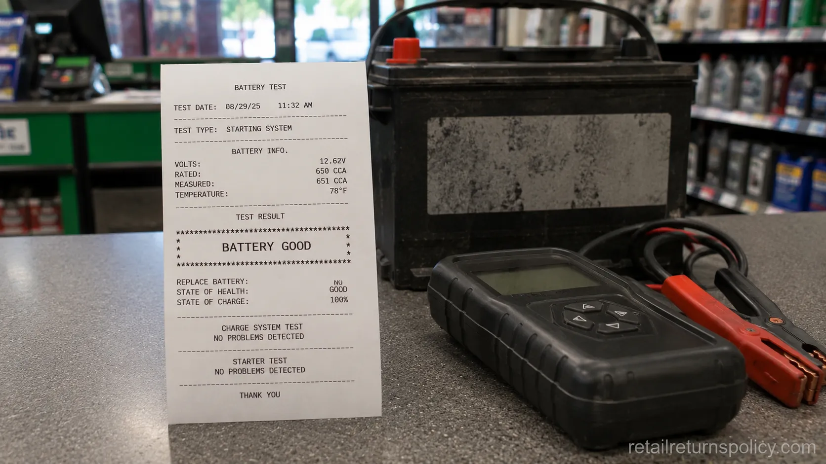 O’Reilly in-store battery test printout used for a no-receipt warranty return.