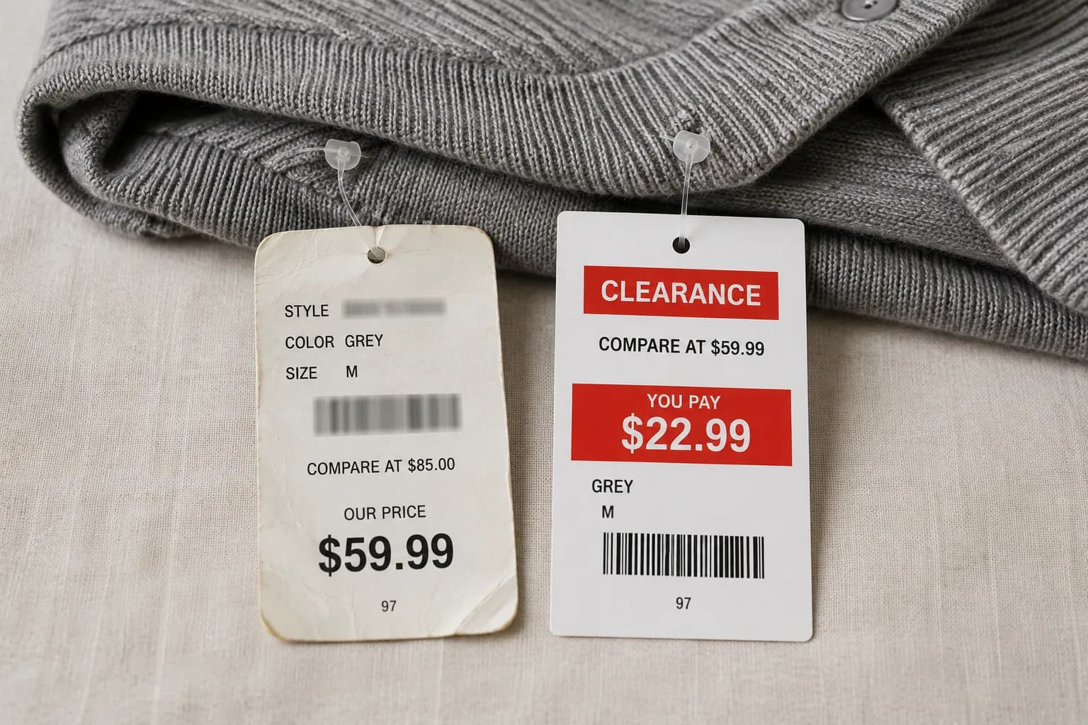 Original price tag beside a clearance tag showing the no-receipt refund gap on the same sweater.