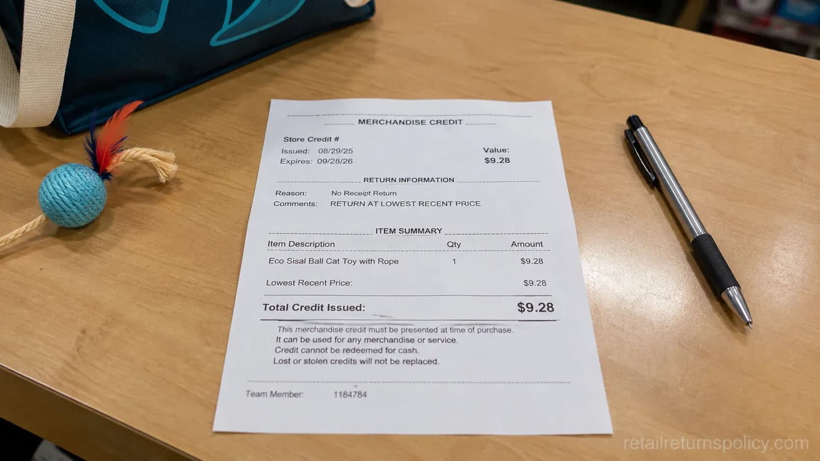 Petco merchandise credit slip issued for a no-receipt return at the lowest recent price.