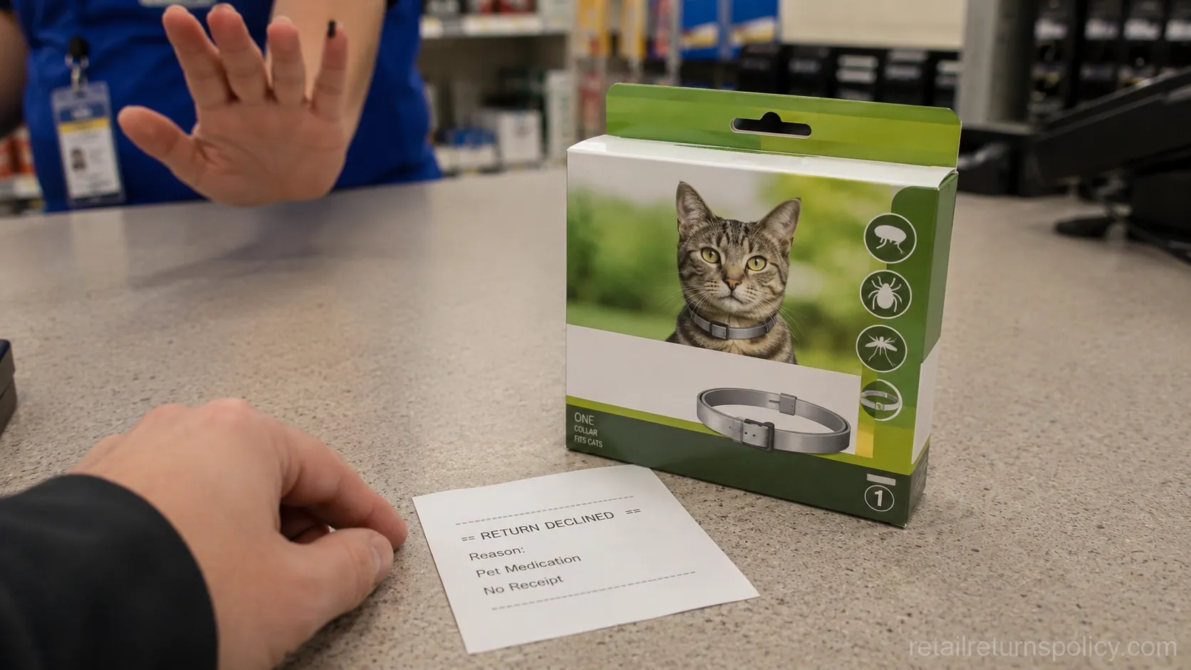 Flea and tick collar declined for a no-receipt return at a PetSmart counter.