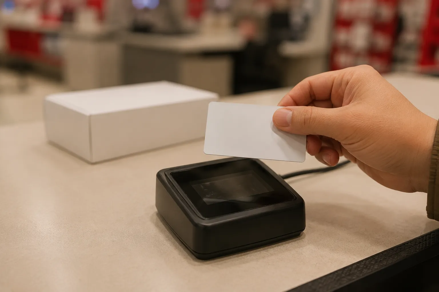 Hand holding a blank photo ID above a countertop scanner at a retail return desk with a boxed item blurred in the background.