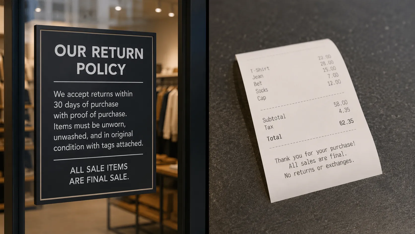 Side-by-side comparison of a store entrance return policy sign and a printed retail receipt, illustrating that the posted sign provides customer notice while the receipt documents the purchase.