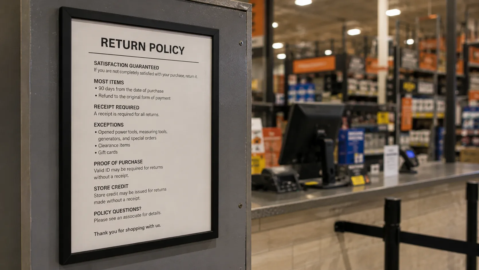 Posted return policy sign at a hardware store service desk.