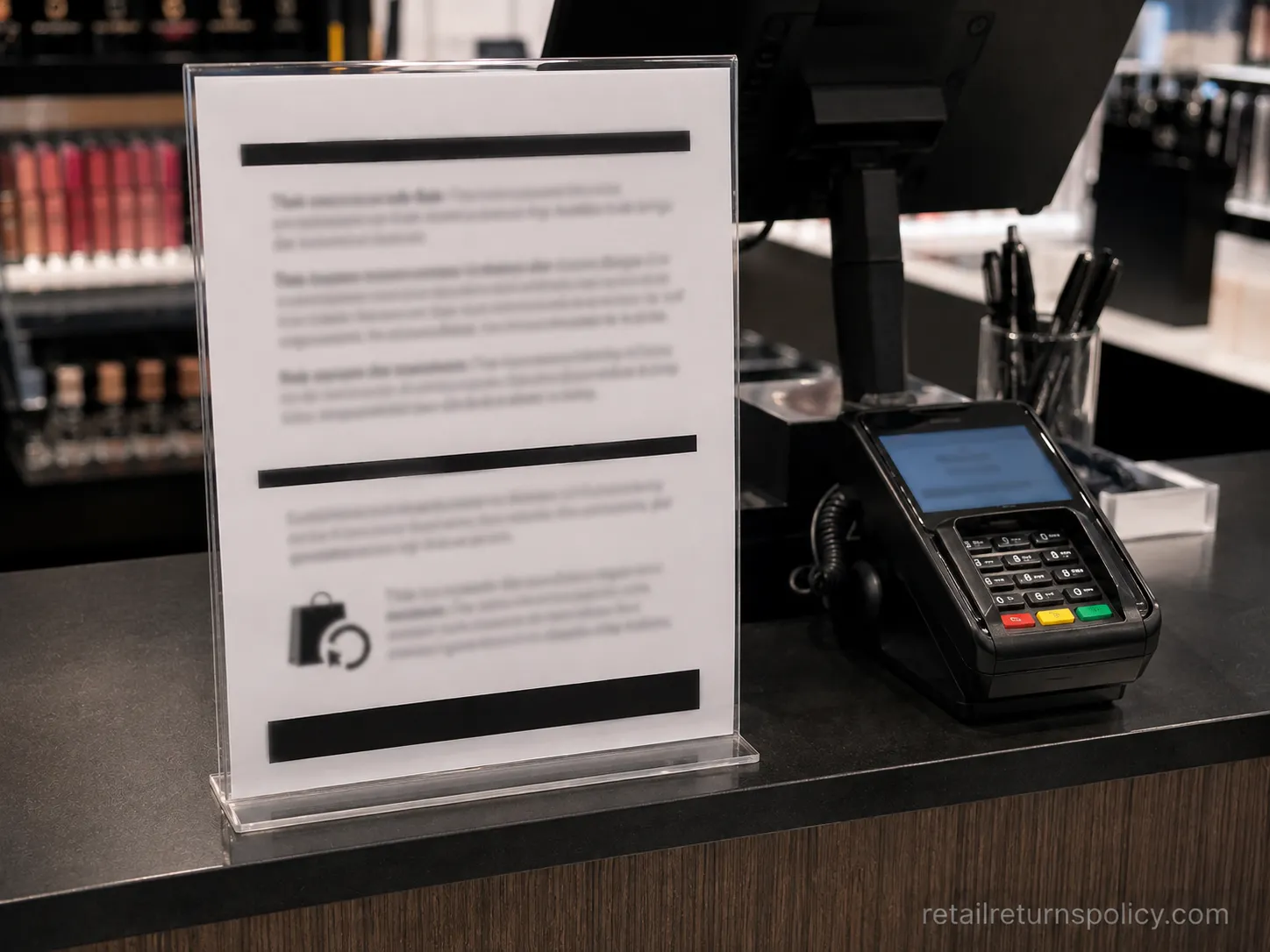 Posted store return policy sign at a beauty retailer checkout counter