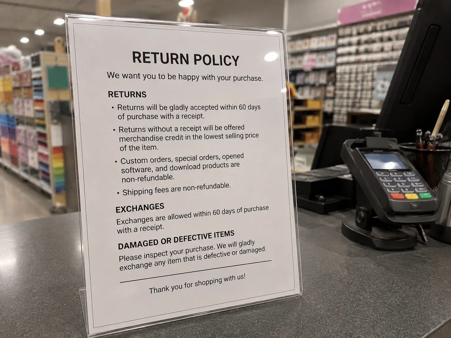 Posted store return-policy signage that state disclosure laws rely on.