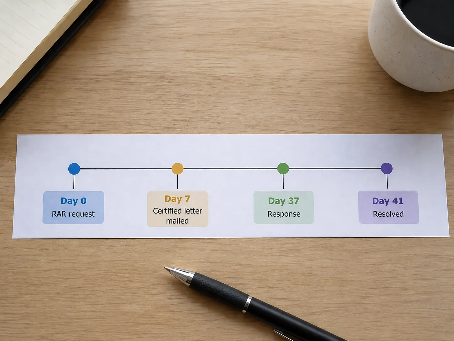 Printed timeline strip showing four milestones: Day 0 RAR request, Day 7 certified letter mailed, Day 37 response, and Day 41 resolved, on a desk with a pen and coffee cup.