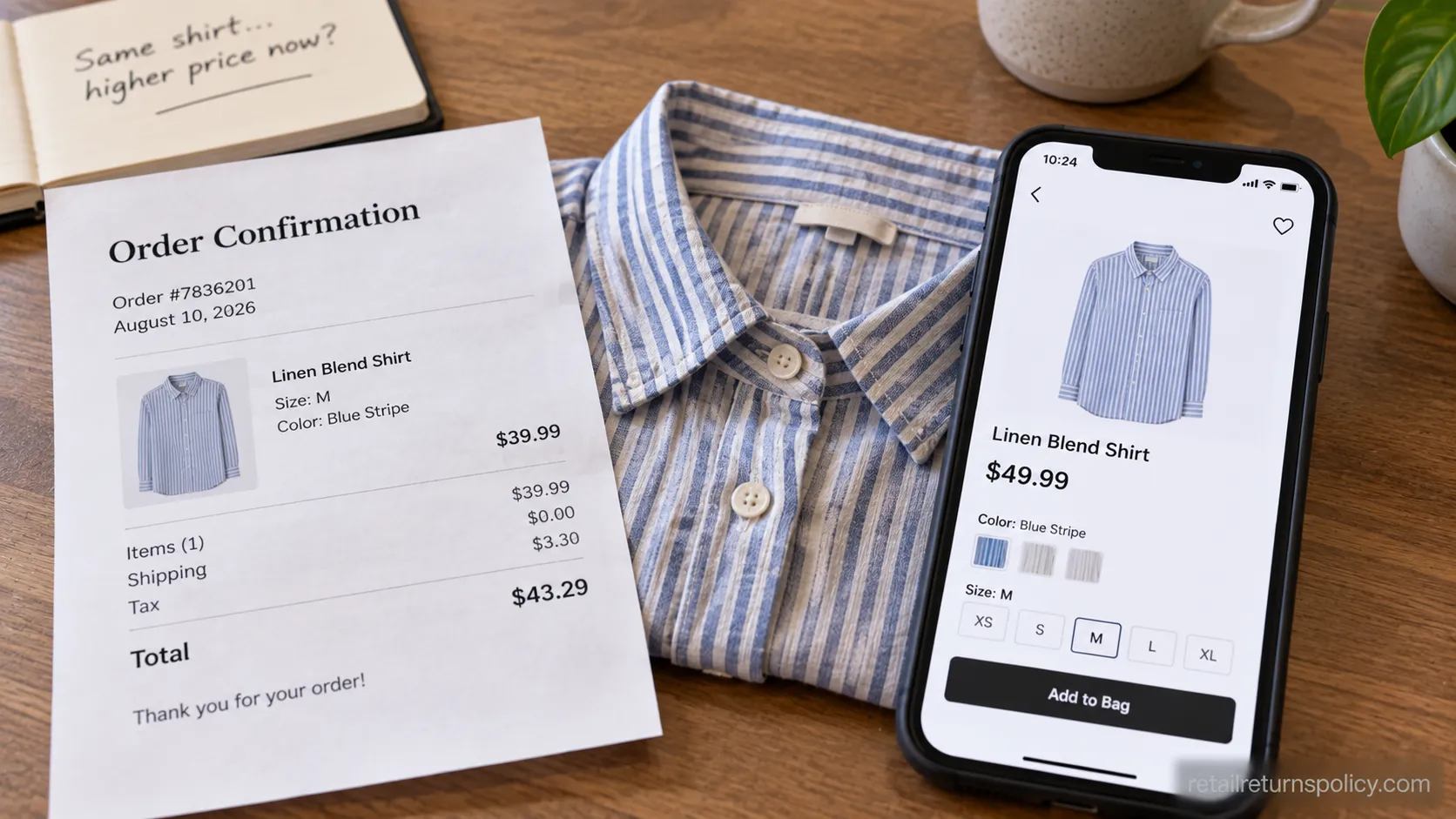 Original order price next to a higher reorder price for the same clothing item, 2026.