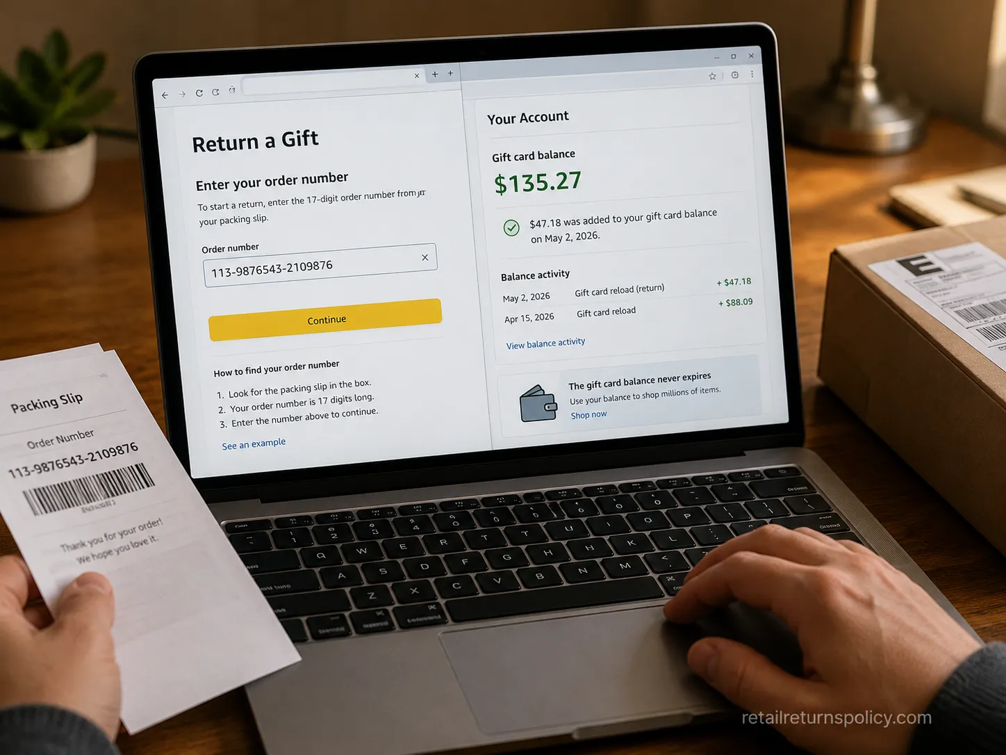 online return-a-gift page with an order number entered and a gift-card balance