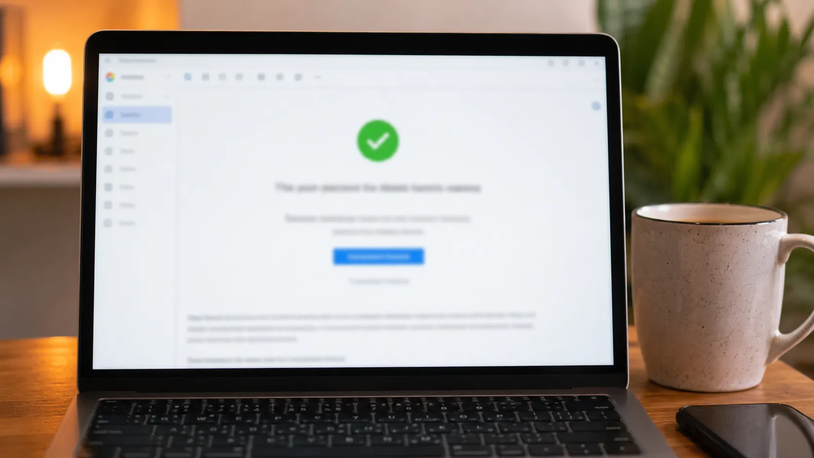 Laptop displaying a confirmation screen after requesting a Return Activity Report from a third-party return-tracking service, with a coffee mug and phone on the desk.