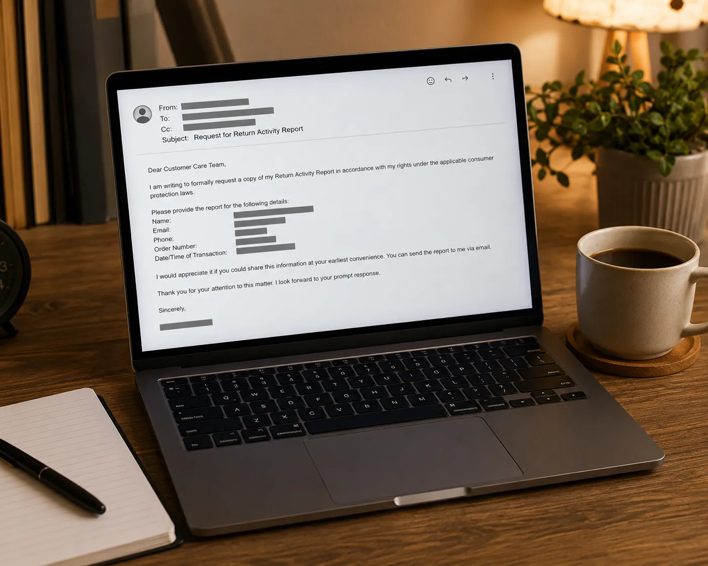Representative illustration of a laptop displaying a redacted return activity report request email or dispute letter on a home office desk with a coffee cup and notebook.
