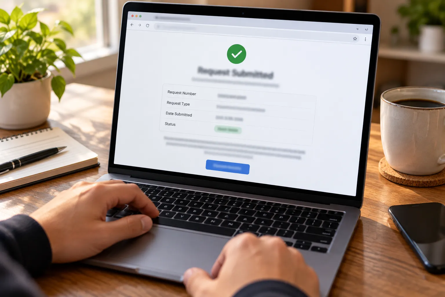 Laptop showing a submitted Return Activity Report request confirmation with details redacted