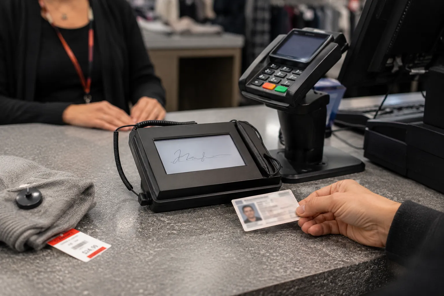 Return desk signature pad and card reader as a shopper hands over a photo ID for a no-receipt return.