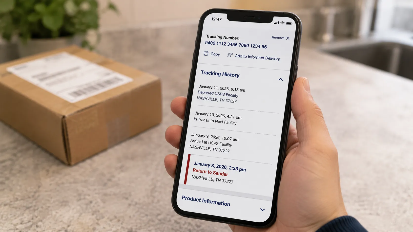USPS tracking screen showing a Return to Sender scan on a refused package