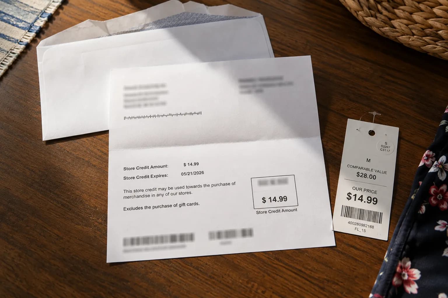 Mailed Ross store credit voucher on a table beside a returned item’s price tag.