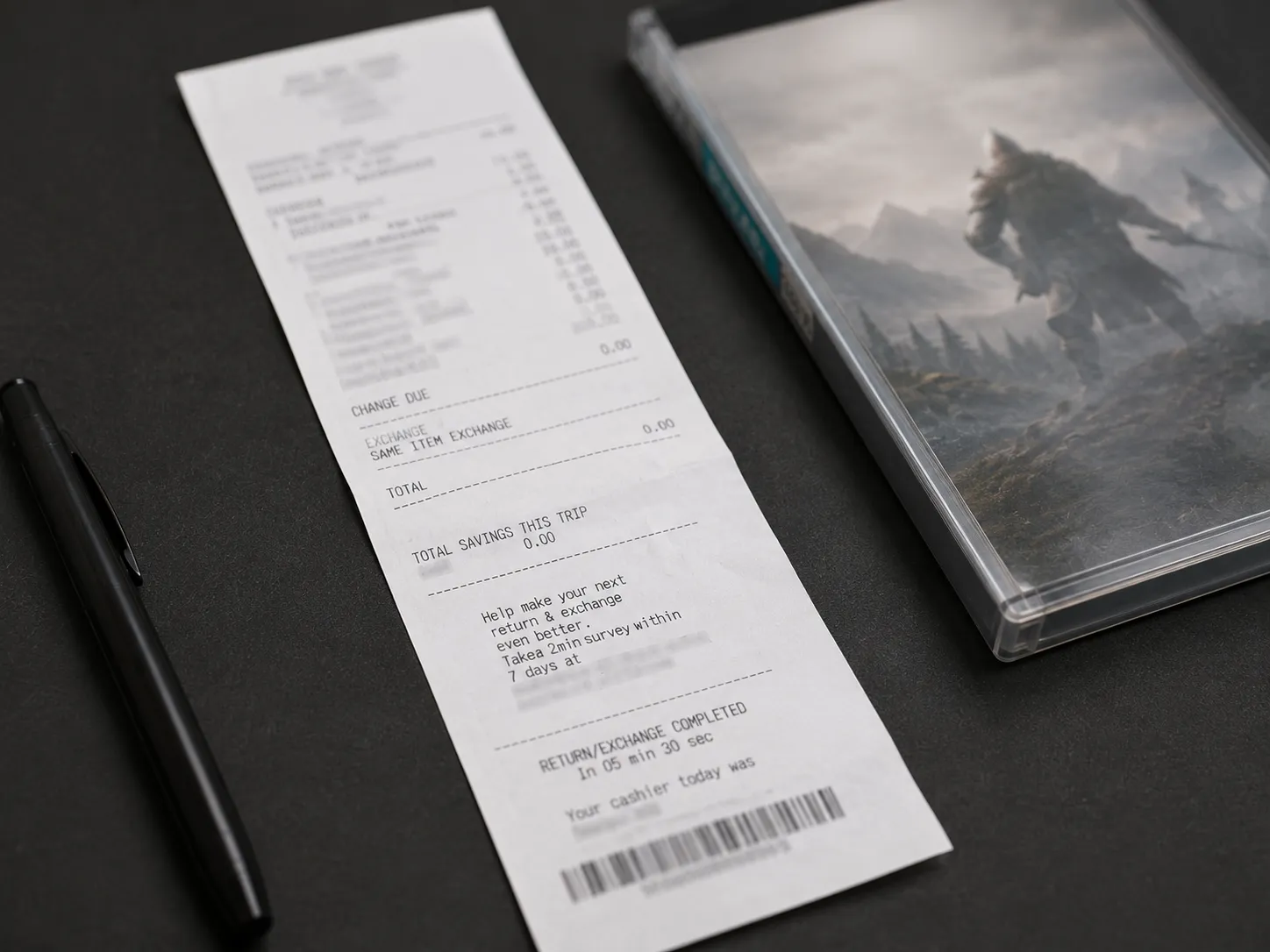 Retail receipt beside a generic game case illustrating a completed same-title video game exchange in approximately five and a half minutes.