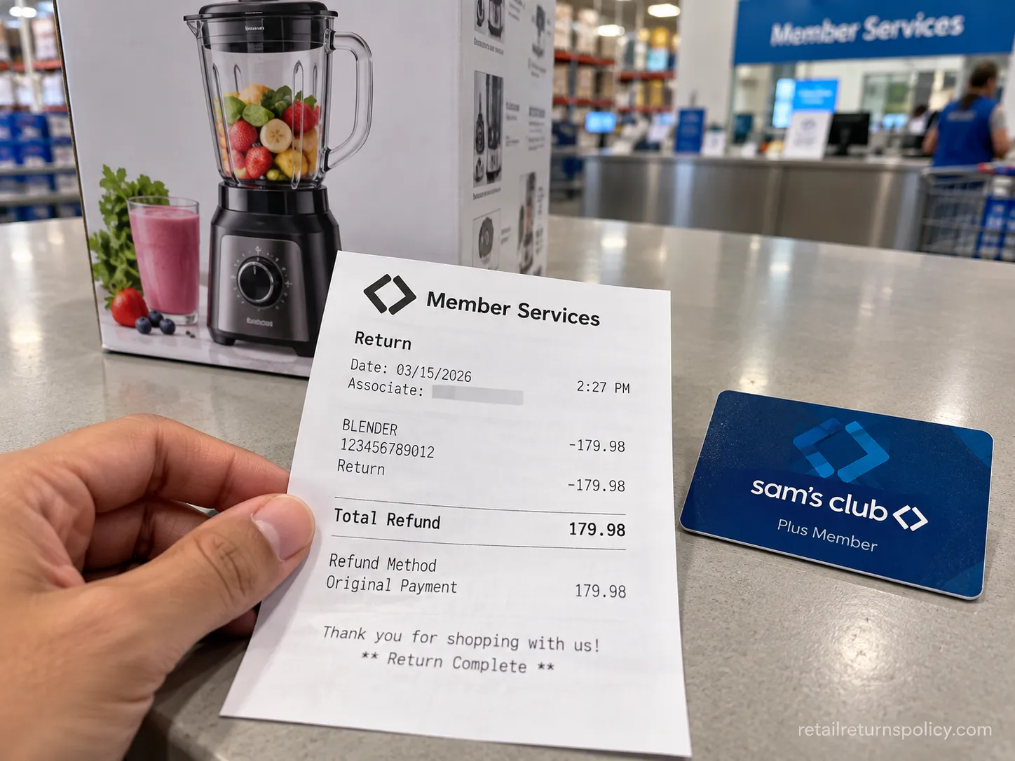 Sam’s Club refund slip for an opened item returned under the satisfaction guarantee.