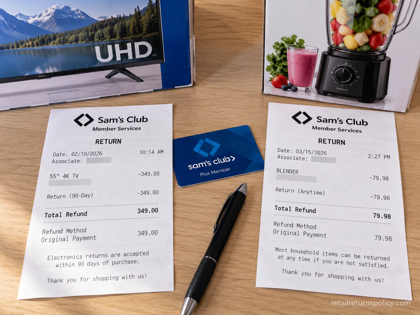 Two Sam’s Club return receipts comparing a 90-day electronics return and an anytime item.