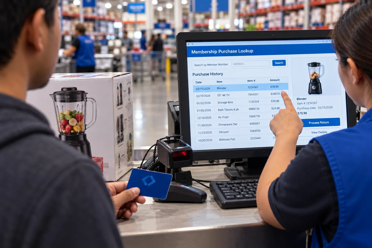 Associate looking up a membership purchase during a no-receipt Sam’s Club return.