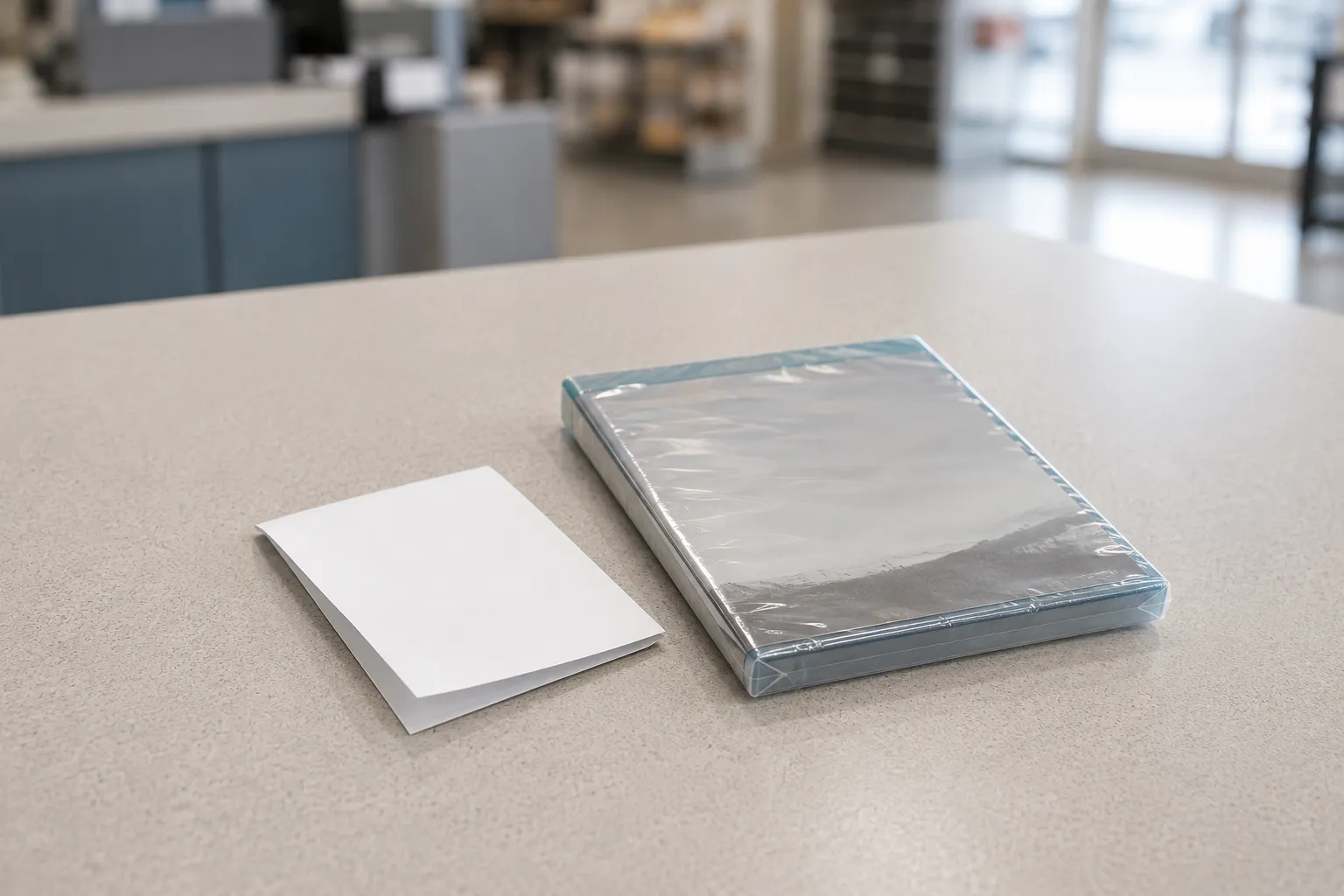 Shrink-wrapped media case on a retail service counter beside a paper note, illustrating a sealed item refused for return across four store visits.
