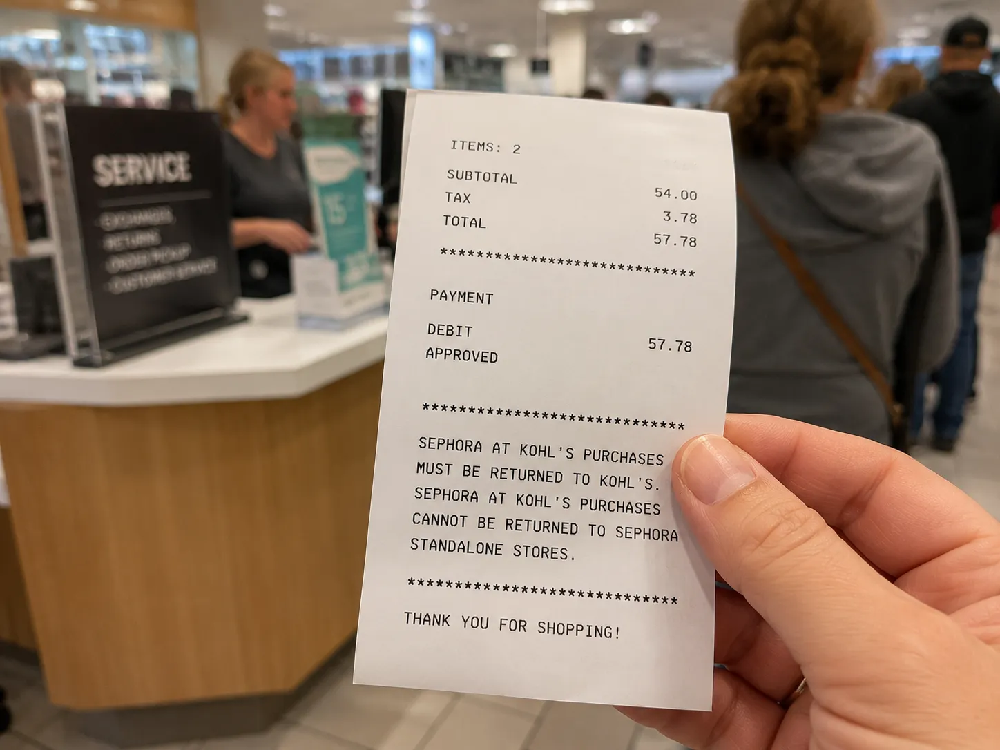 Receipt at a service counter showing a Sephora at Kohl’s purchase must be returned to Kohl’s.