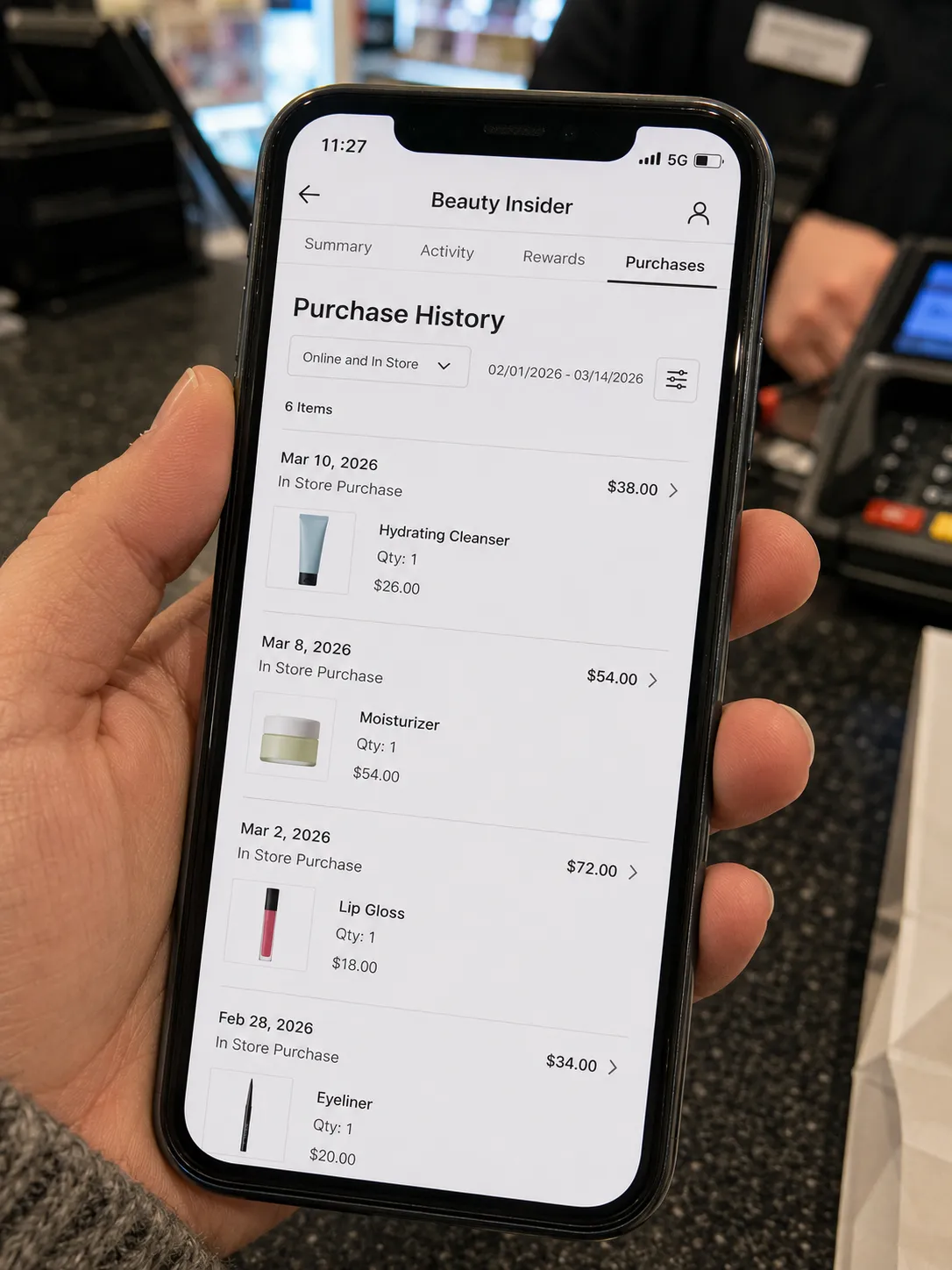 Beauty Insider account purchase history on a phone used to verify a no-receipt Sephora return.