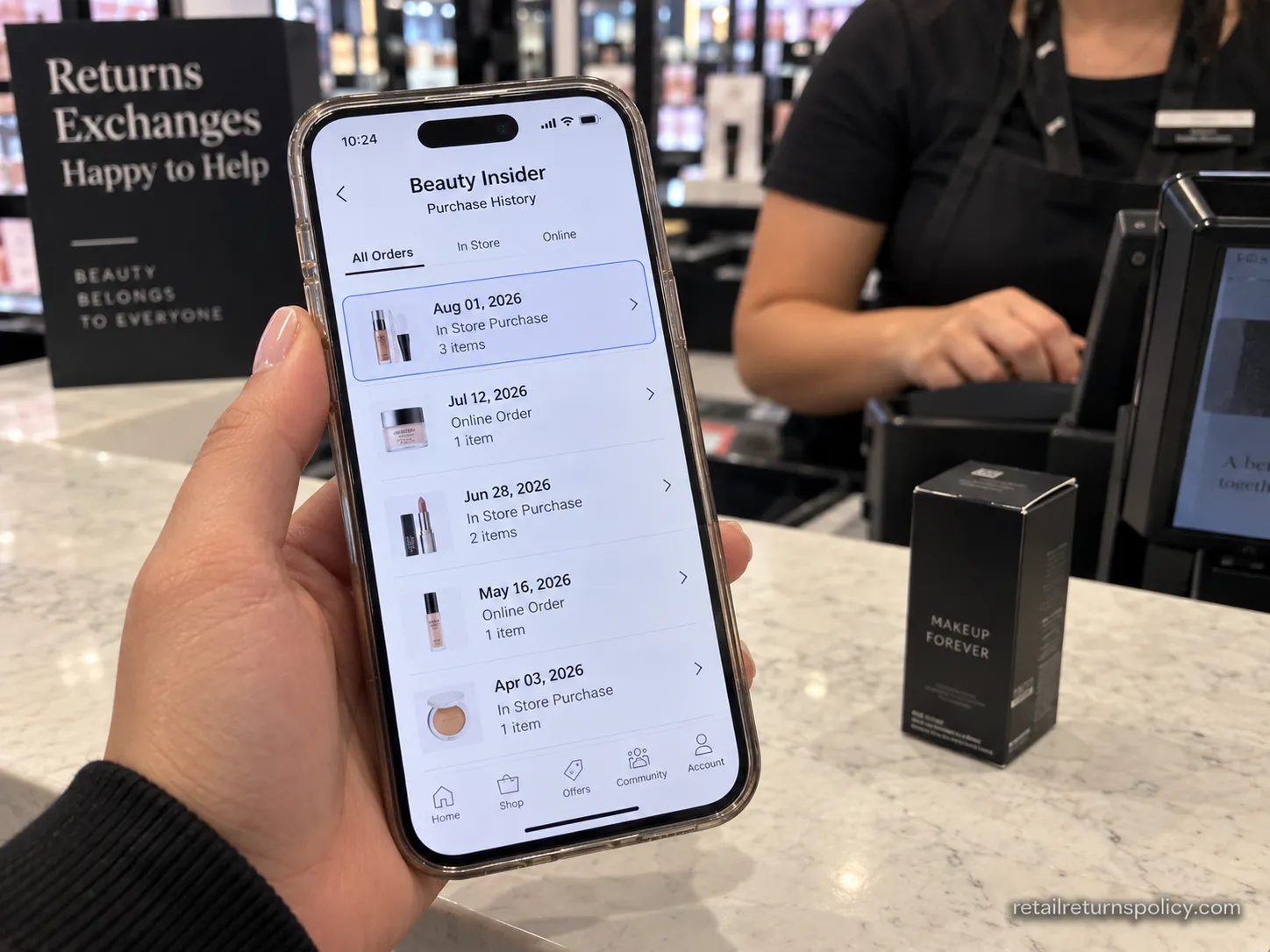 Beauty Insider purchase history shown on a phone as proof of purchase for a Sephora return.