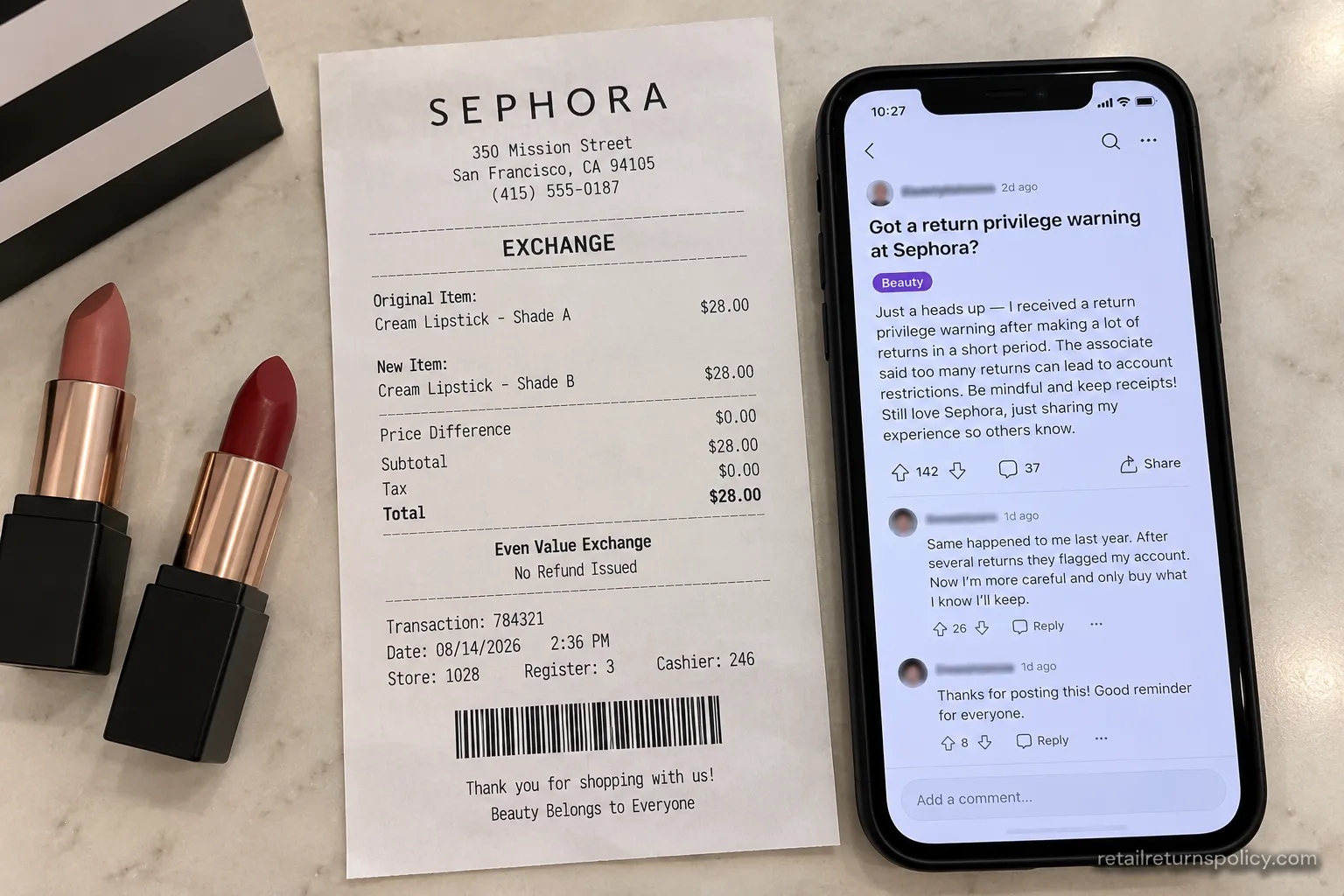Sephora even-value exchange receipt beside a redacted community post about return tracking.