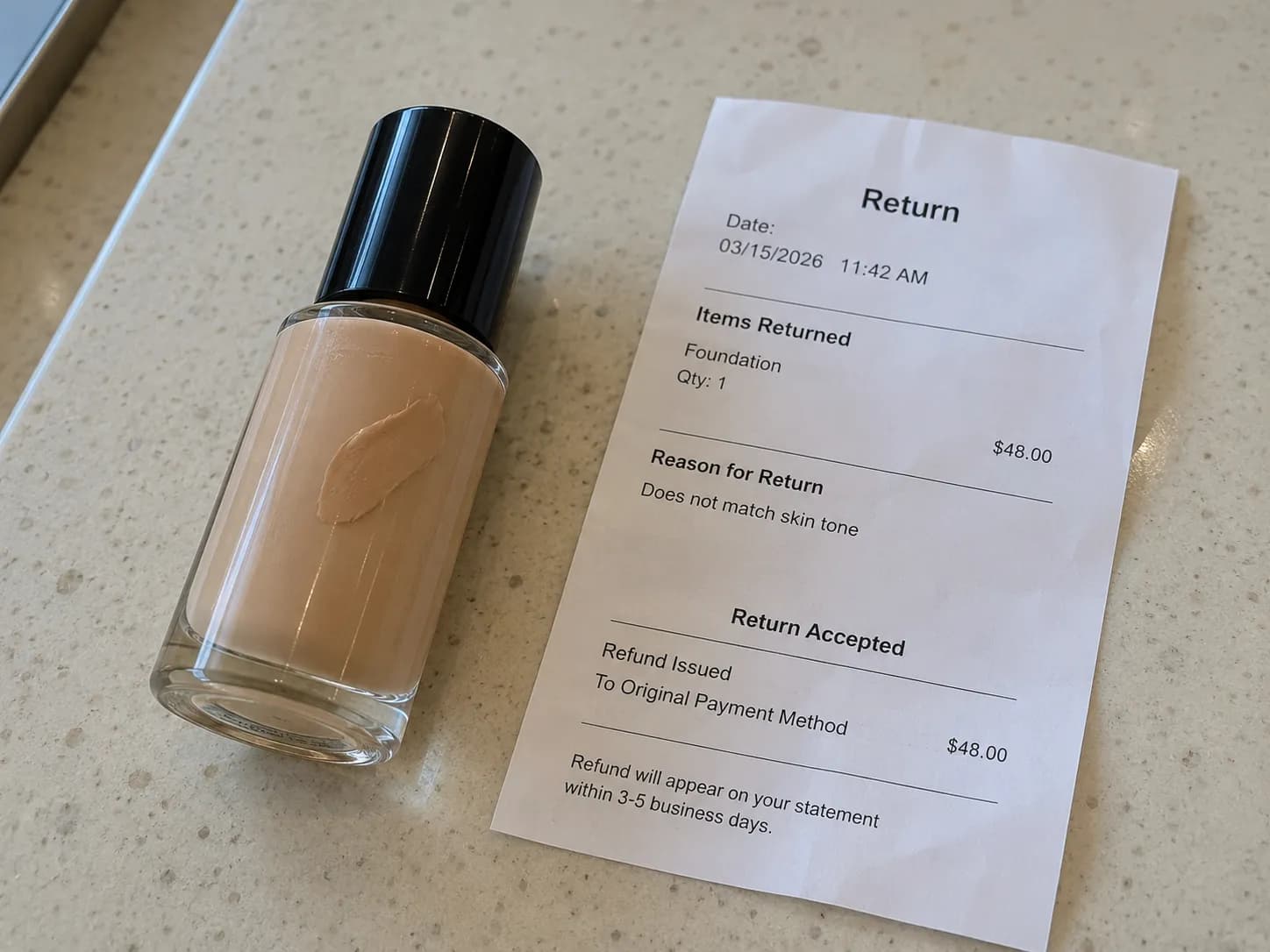 Once-swatched foundation accepted as a gently used no-receipt return at Sephora.