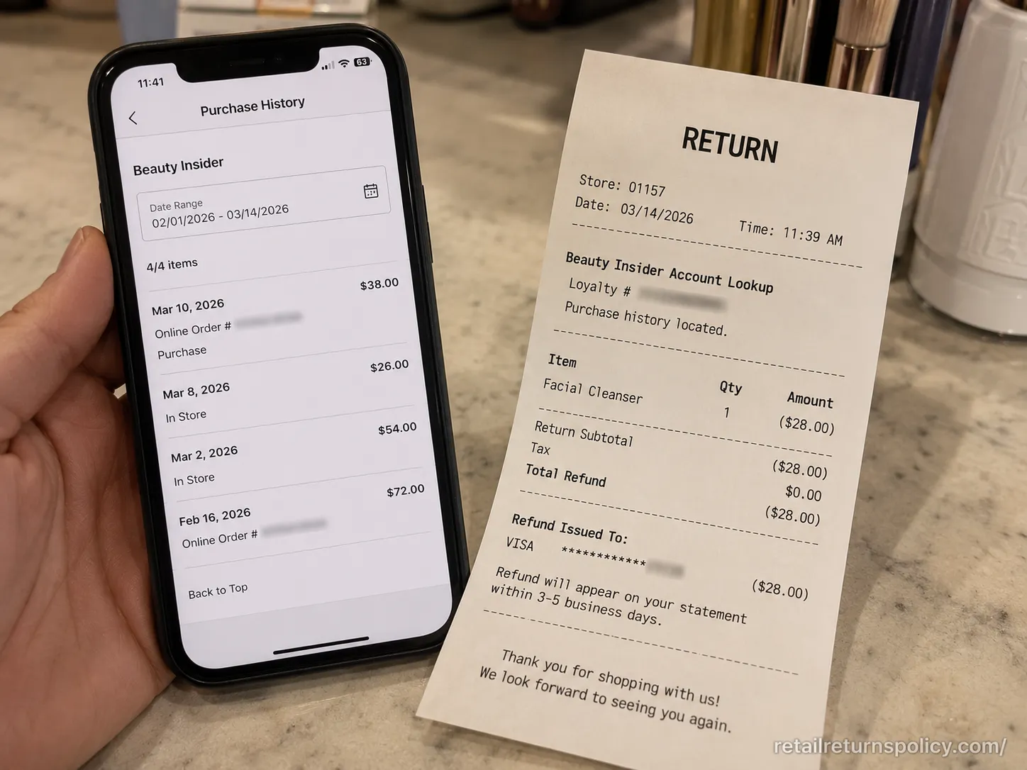 Sephora return receipt showing a no-receipt return processed through a Beauty Insider account lookup.