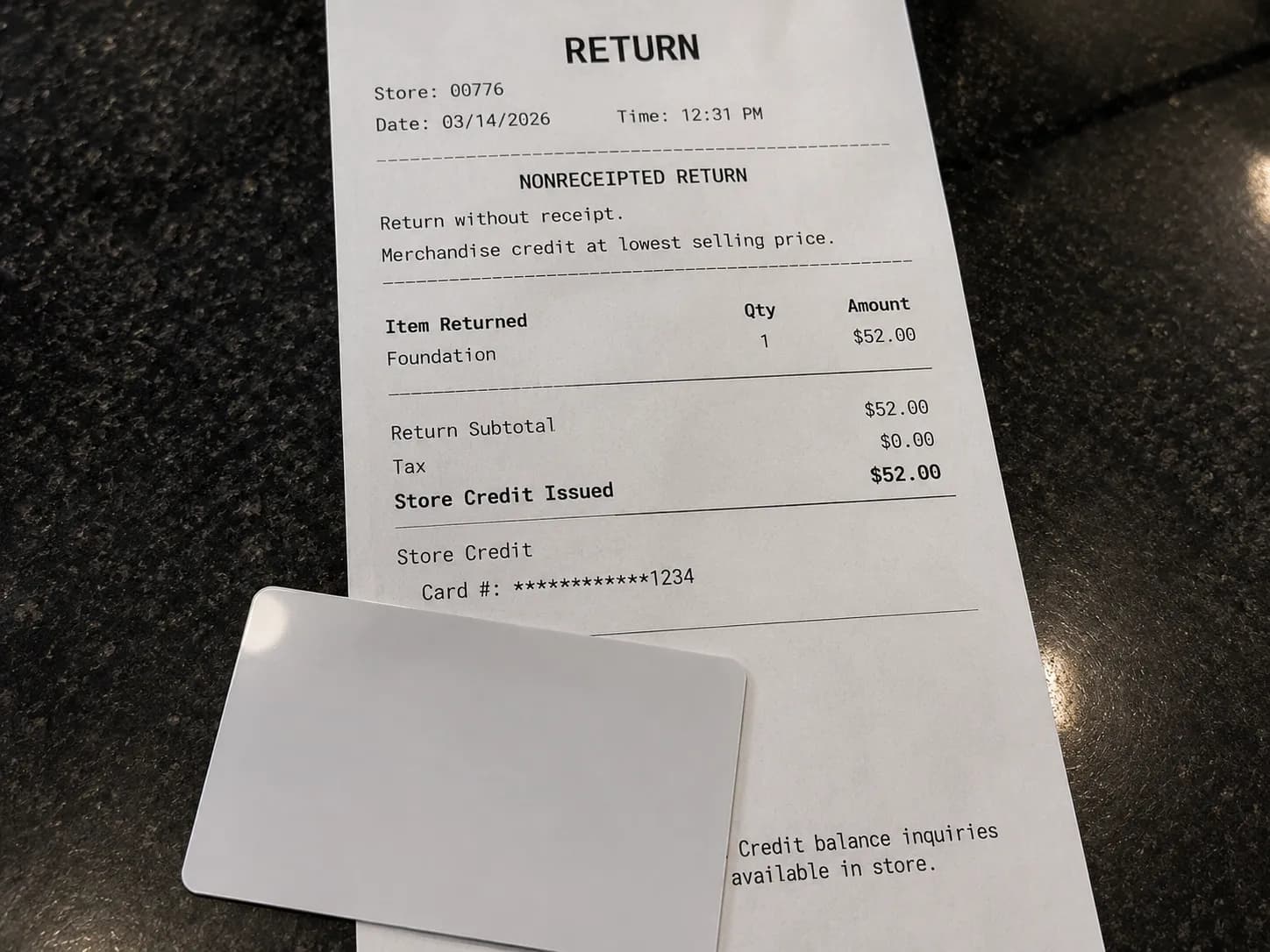 Sephora return slip marked nonreceipted return showing store credit at the lowest selling price.