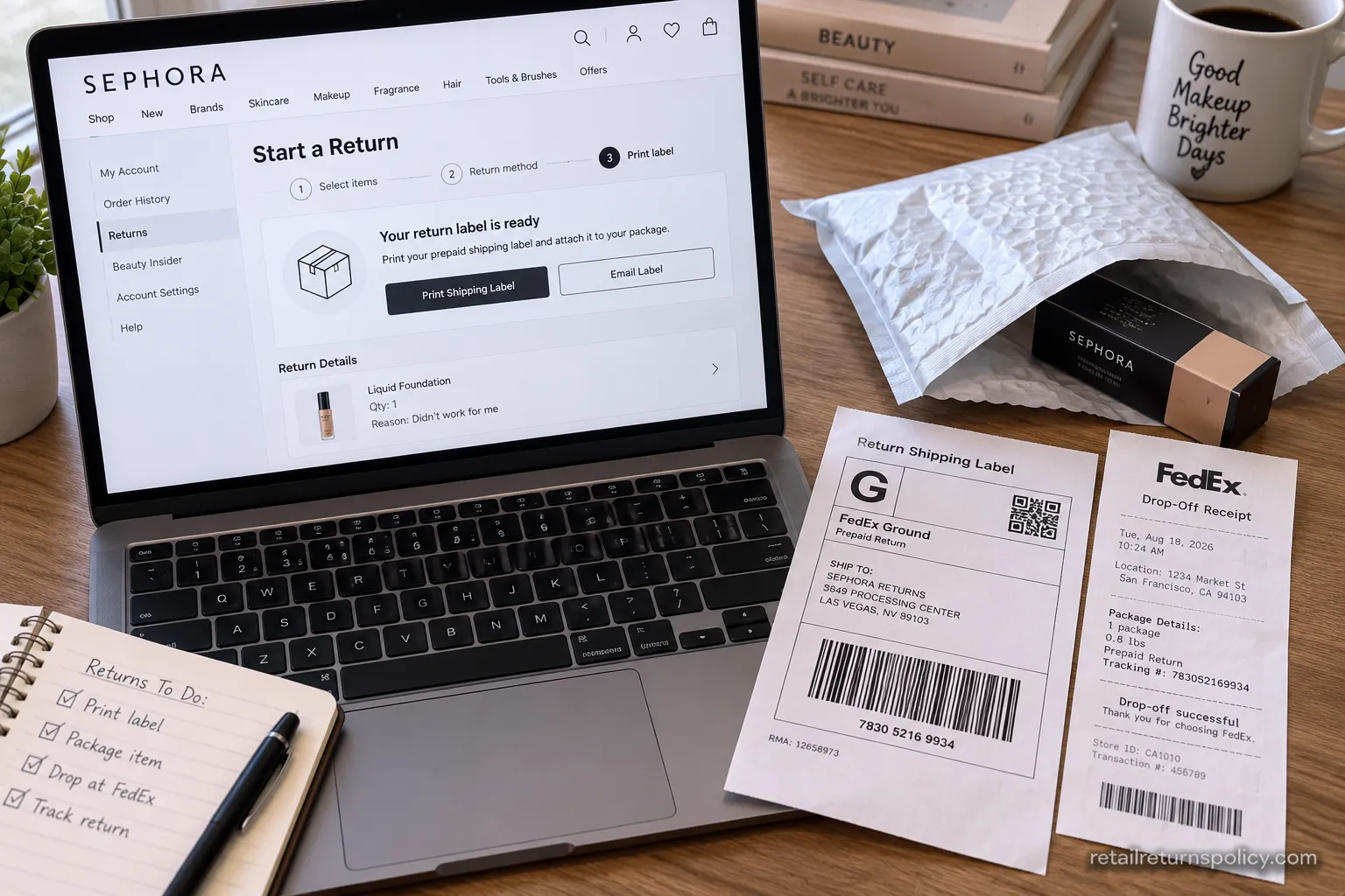 Sephora online returns portal on a laptop beside a prepaid FedEx drop-off receipt.