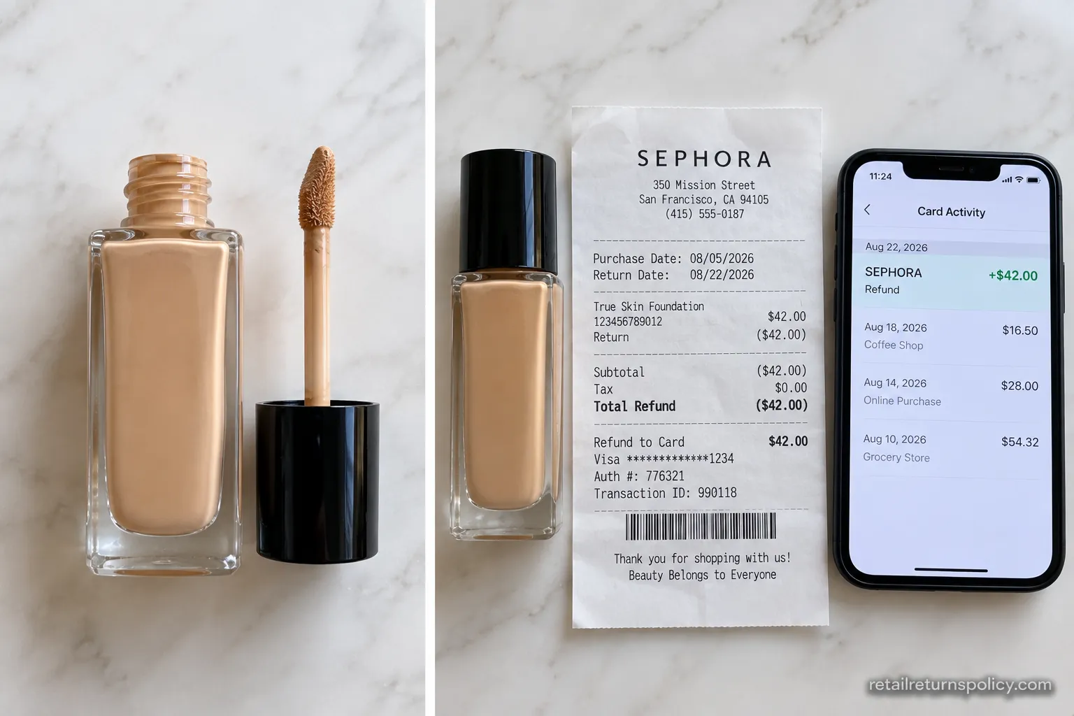 Twice-tested Sephora foundation shown next to its receipt and a refund confirmation.