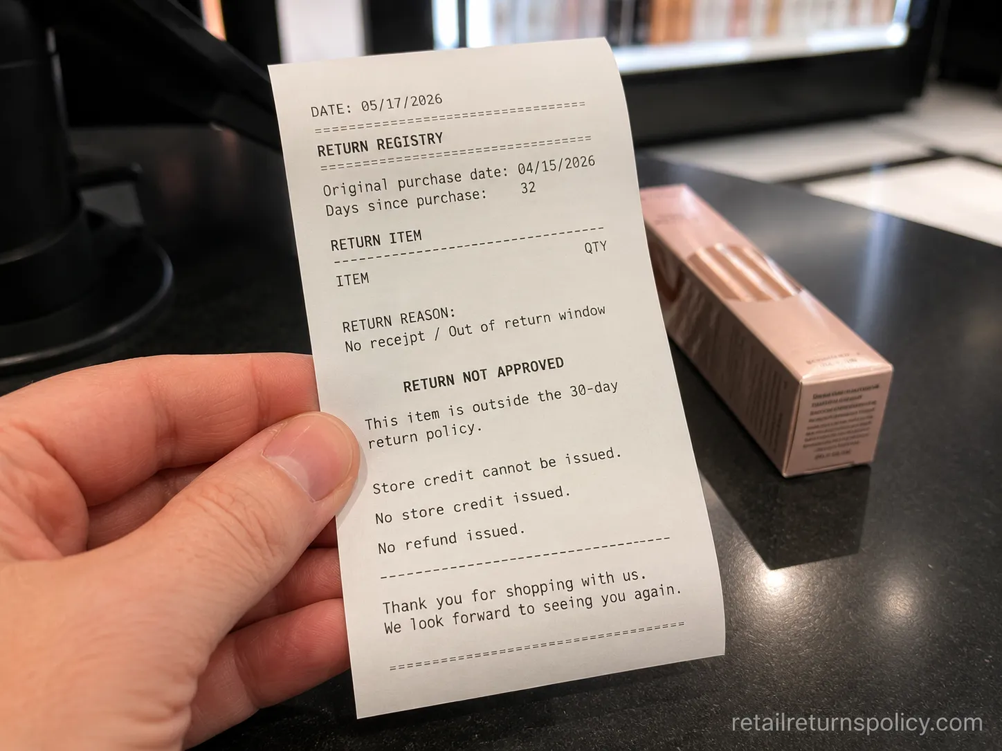Sephora return denied 32 days after purchase, no store credit slip