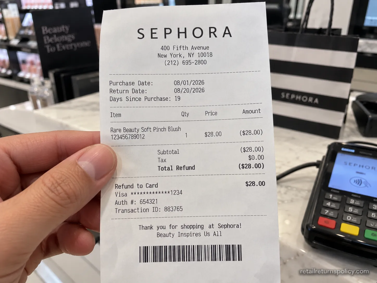 Sephora return receipt showing a return made inside the 30-day window with a refund to card.