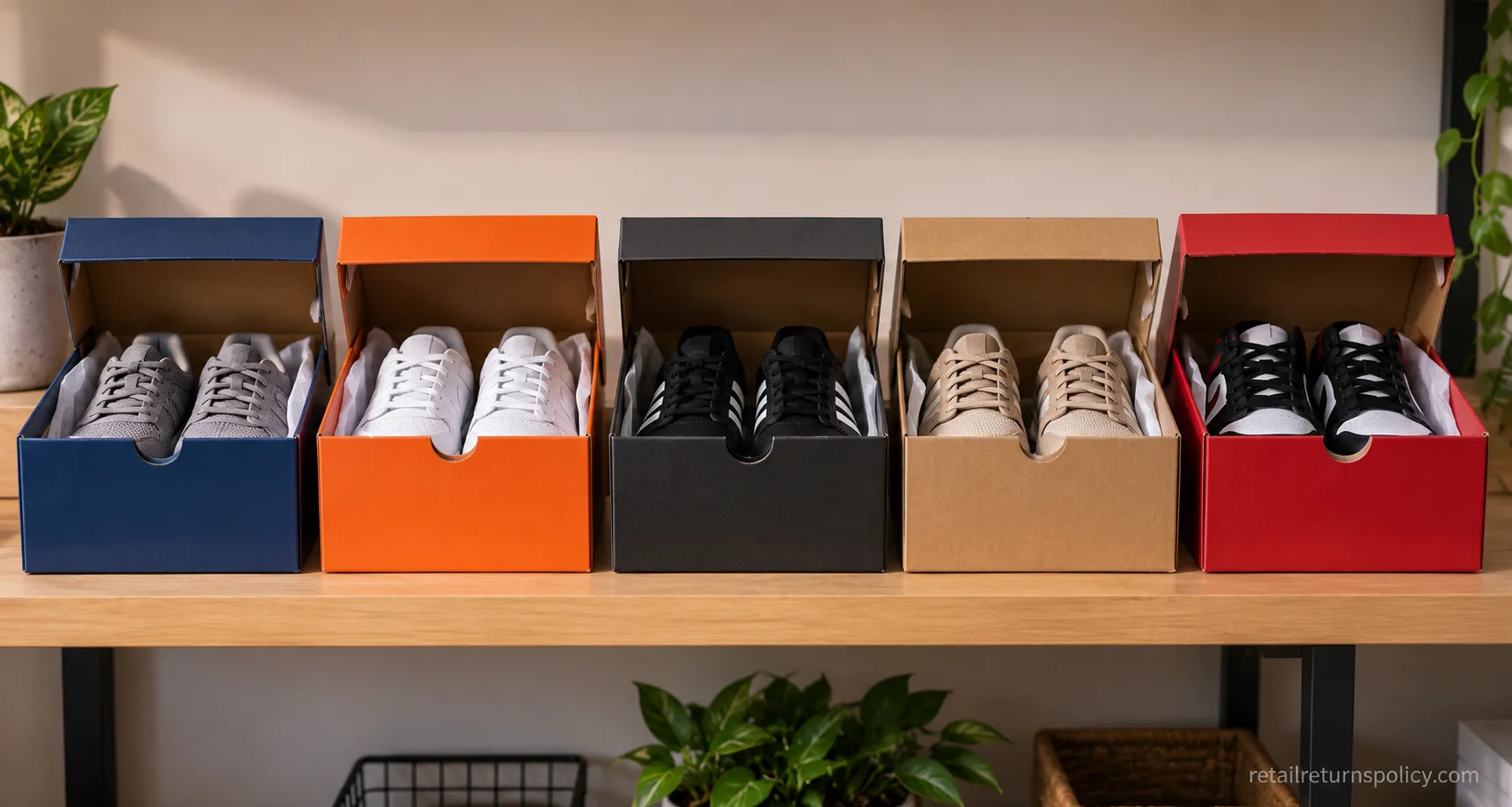 Five shoe boxes lined up representing Zappos, Nike, Adidas, DSW and Foot Locker return policies.